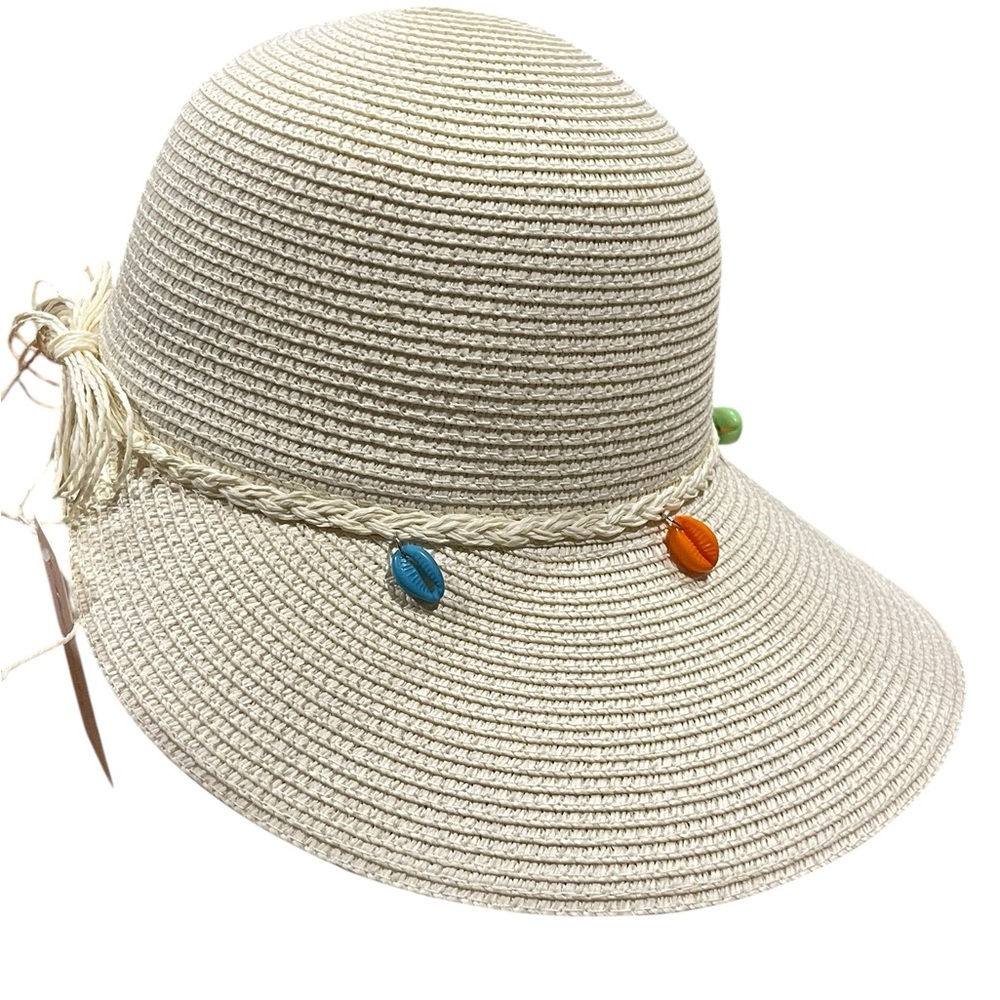 Last Call! NWT Cream Summer Fun Straw Visor hat with multicolored shell trim